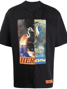 Heron Preston Black Tee with Orange and Blue Heron Print